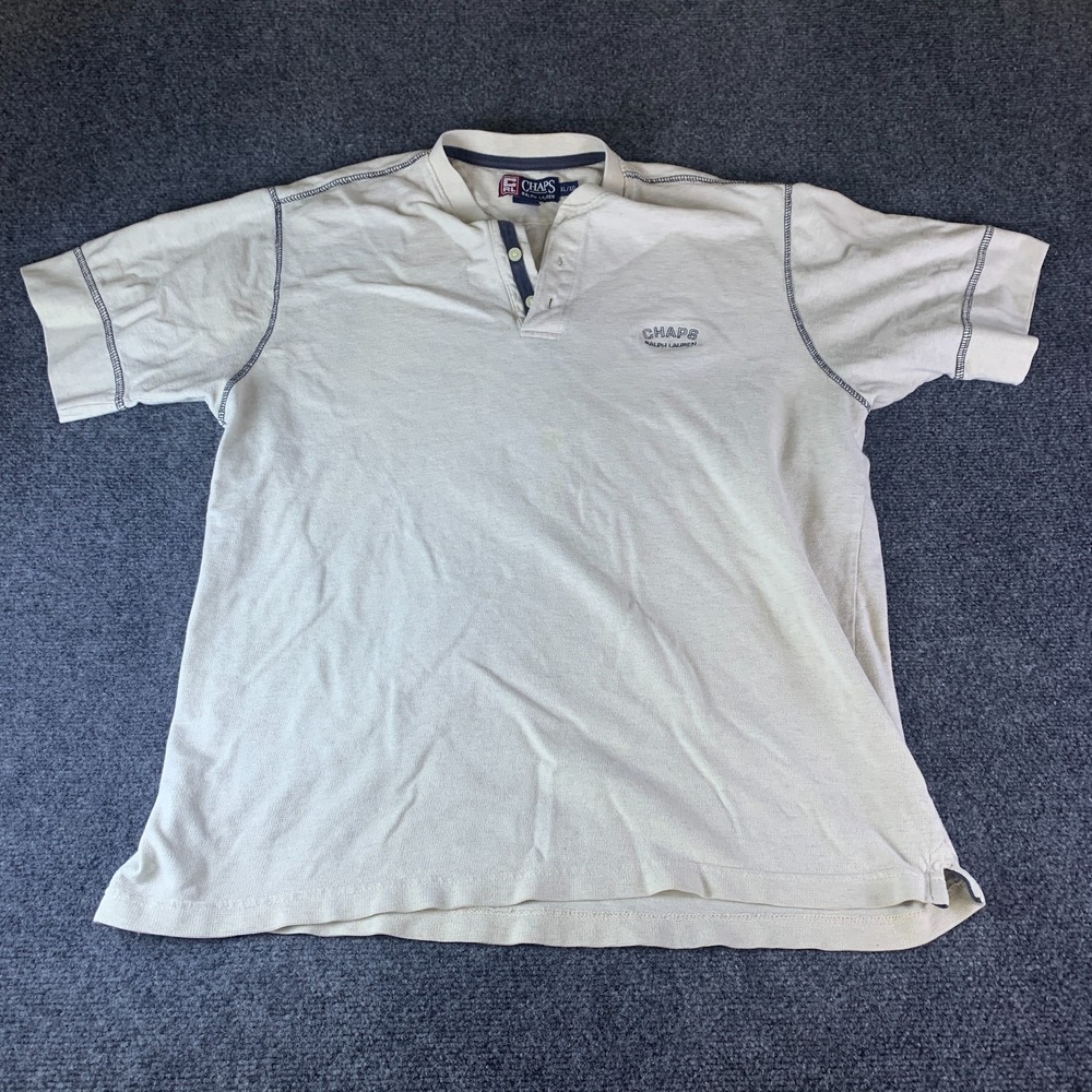 Vintage Chaps Ralph Lauren T-Shirt Men's XL Beige Cotton Logo Henley Neck Casual